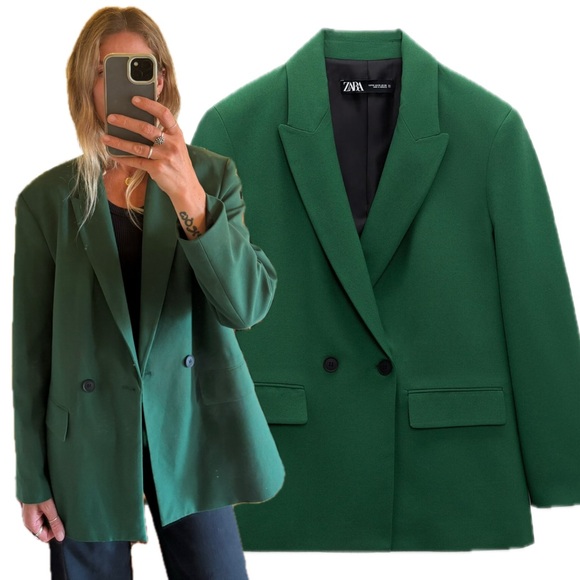 Zara Jackets & Blazers - Zara Oversized Double Breasted Boyfriend Emerald Green Blazer Suit Jacket